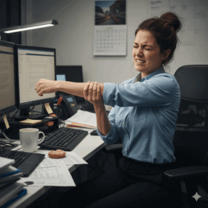 Woman sitting at a desk with computer for desk worker tips