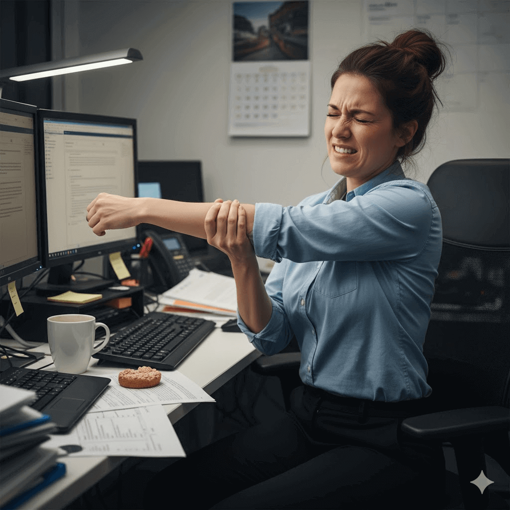 Woman sitting at a desk with computer for desk worker tips